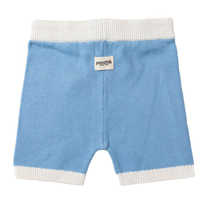 Knit Shorts with Contrast Rib - Baby Blue + White Trim