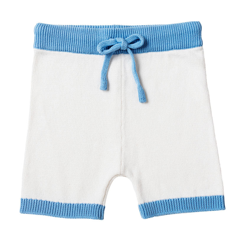 Knit Shorts with Contrast Rib - White + Baby Blue Trim