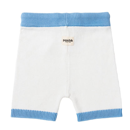 Knit Shorts with Contrast Rib - White + Baby Blue Trim