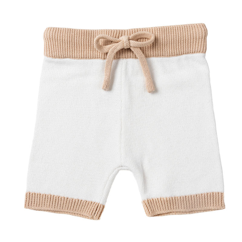 Knit Shorts with Contrast Rib - White + Wheat Trim