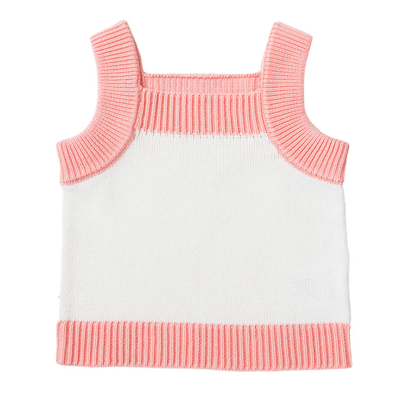 Knit Singlet with Contrast Rib - White + Dusty Pink Trim