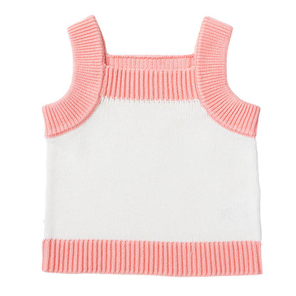 Knit Singlet with Contrast Rib - White + Dusty Pink Trim