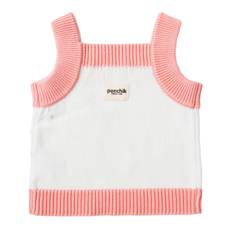 Knit Singlet with Contrast Rib - White + Dusty Pink Trim