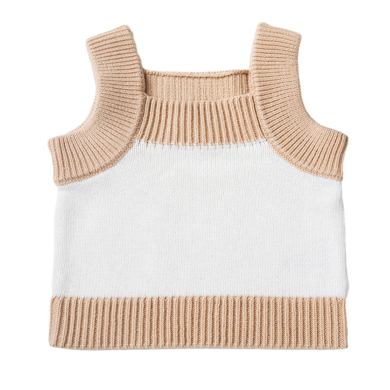 Knit Singlet with Contrast Rib - White + Wheat Trim