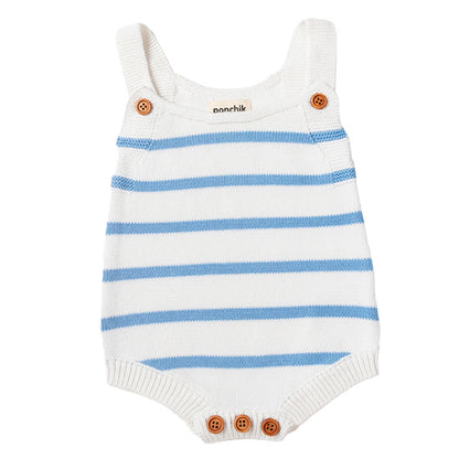 Knit Stripe Romper with Bamboo Buttons - Baby Blue + White