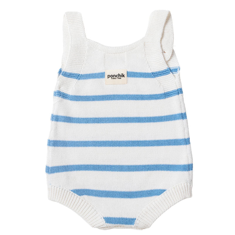 Knit Stripe Romper with Bamboo Buttons - Baby Blue + White