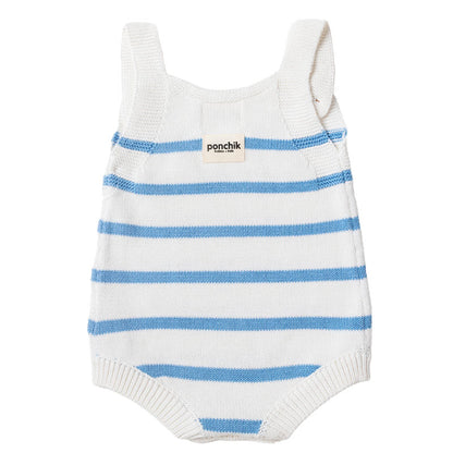 Knit Stripe Romper with Bamboo Buttons - Baby Blue + White