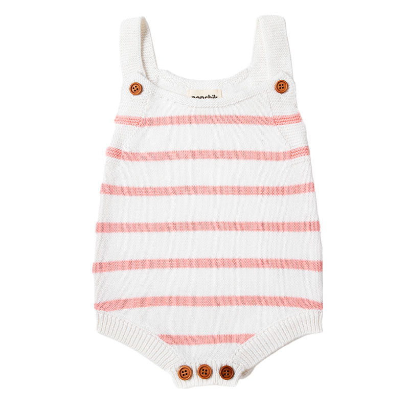 Knit Stripe Romper with Bamboo Buttons - Dusty Pink + White