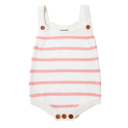 Knit Stripe Romper with Bamboo Buttons - Dusty Pink + White