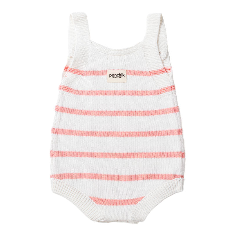 Knit Stripe Romper with Bamboo Buttons - Dusty Pink + White