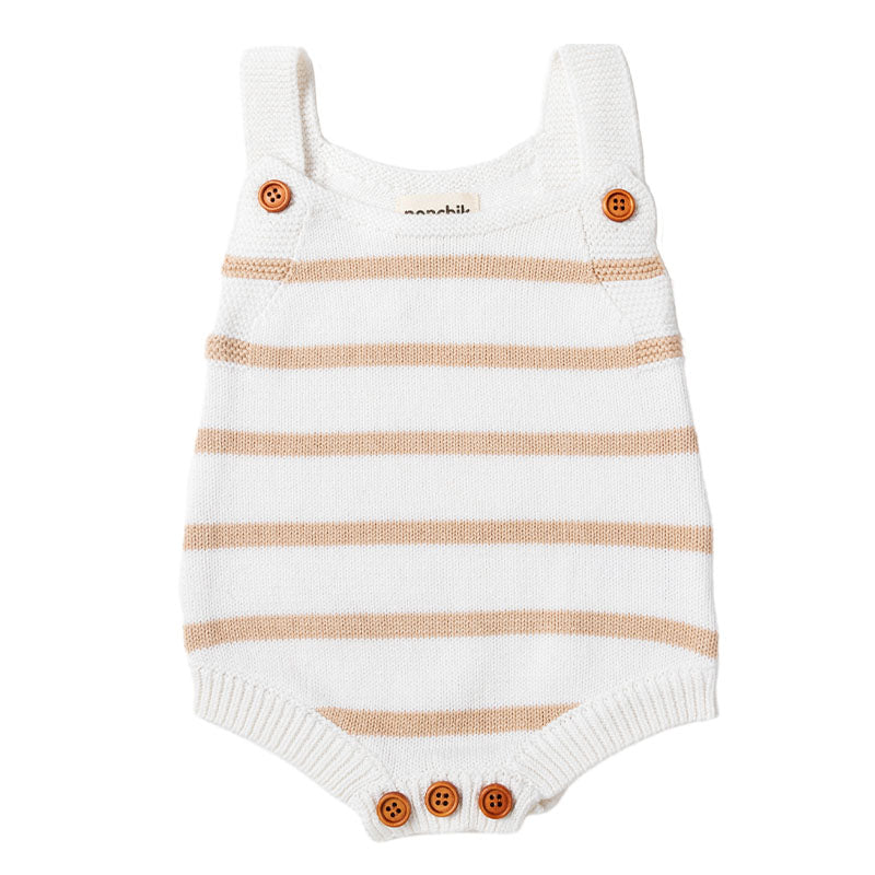 Knit Stripe Romper with Bamboo Buttons - Wheat + White