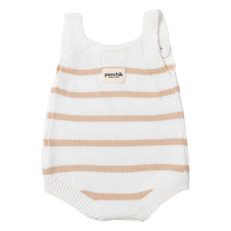 Knit Stripe Romper with Bamboo Buttons - Wheat + White