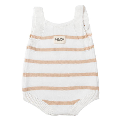 Knit Stripe Romper with Bamboo Buttons - Wheat + White