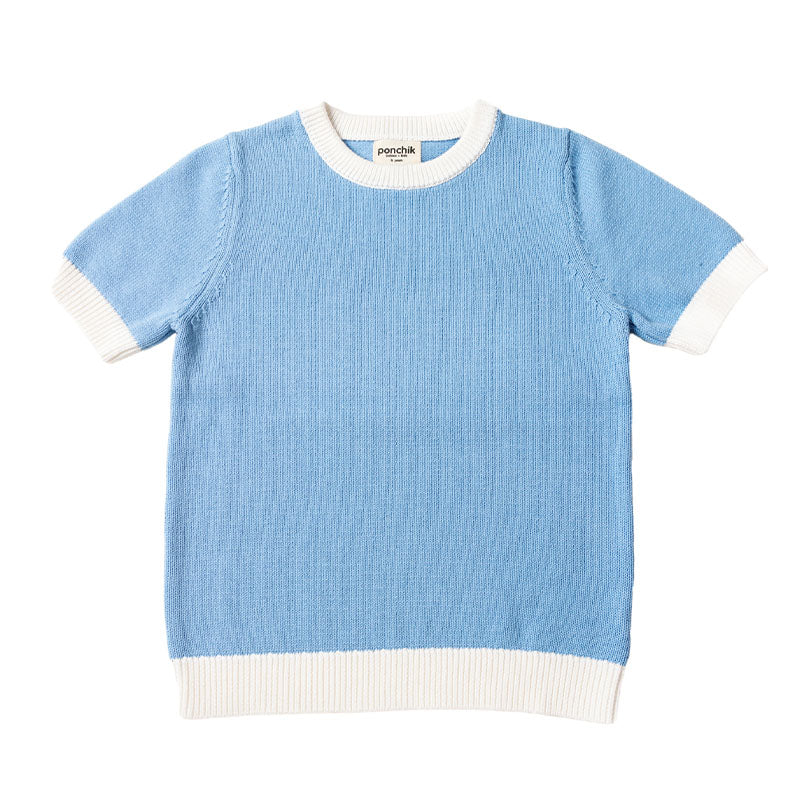 Knit Tshirt with Contrast Rib - Baby Blue + White Trim