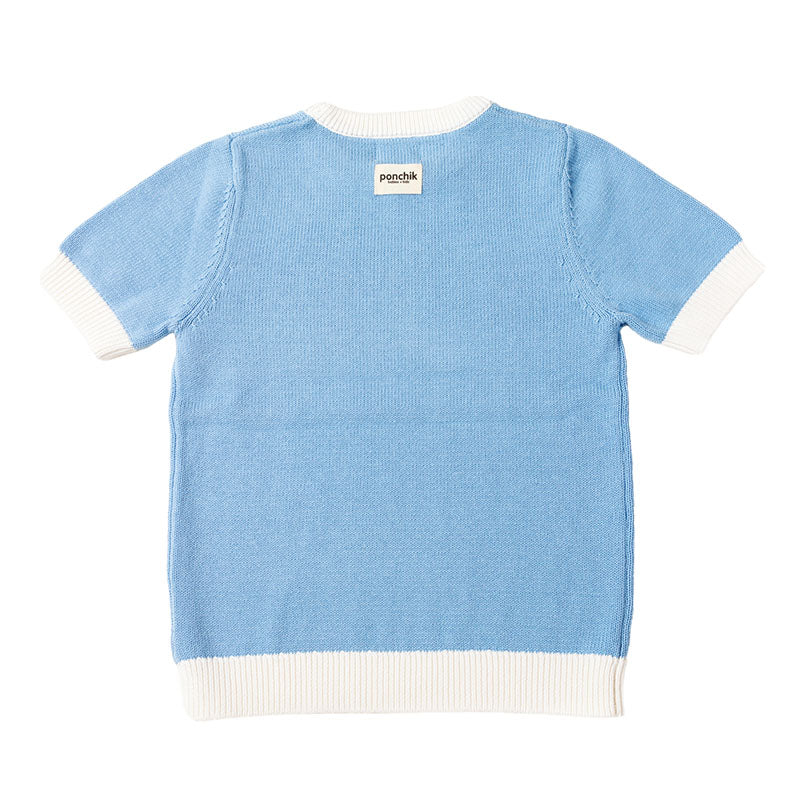 Knit Tshirt with Contrast Rib - Baby Blue + White Trim