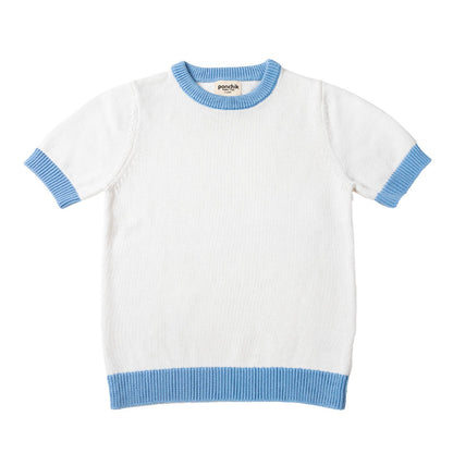 Knit Tshirt with Contrast Rib - White + Baby Blue Trim