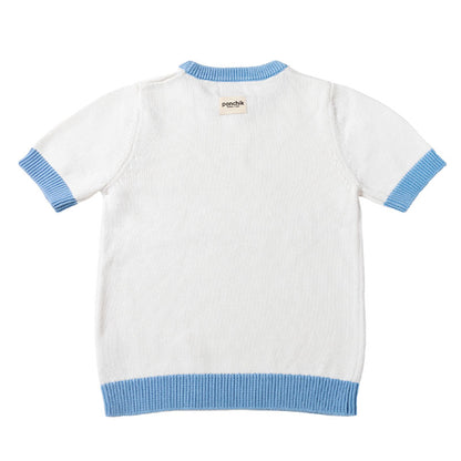 Knit Tshirt with Contrast Rib - White + Baby Blue Trim