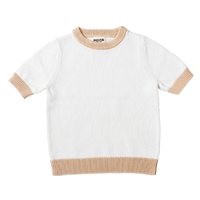 Knit Tshirt with Contrast Rib - White + Wheat Trim