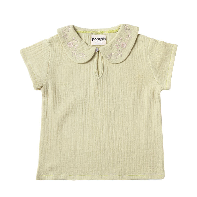 Peter Pan Floral Embroidery Collar Top with Keyhole - Green Tea Muslin