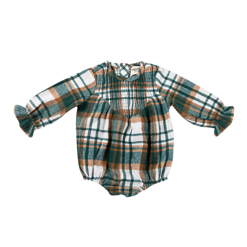 Shirred Bubble Baby Romper with Frill Sleeve - Pear Plaid