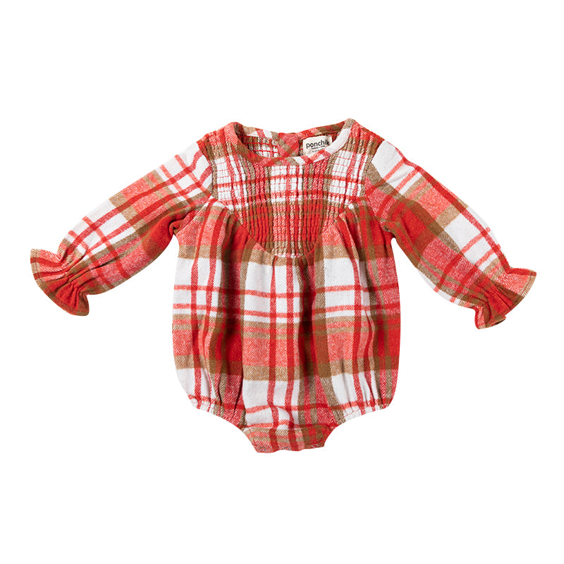 Shirred Bubble Baby Romper with Frill Sleeve - Primrose Plaid