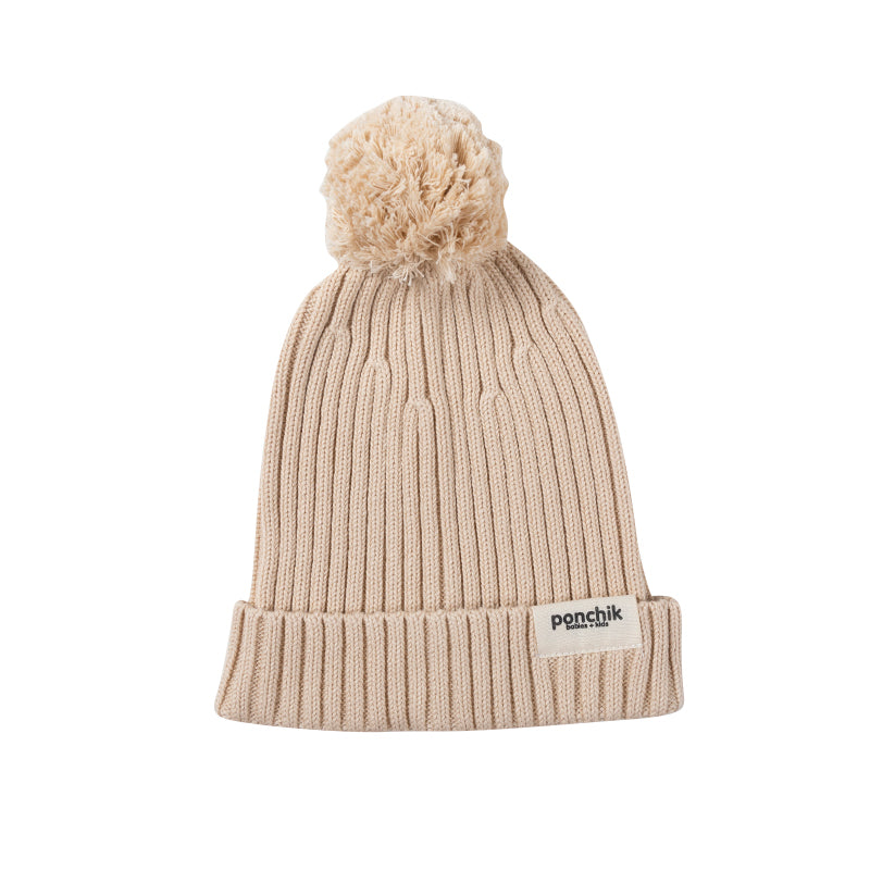 Pom Pom Ribbed Knit Beanie - Shortbread - Child + Adult