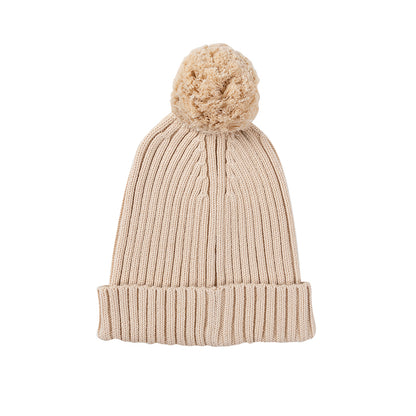 Pom Pom Ribbed Knit Beanie - Shortbread - Child + Adult