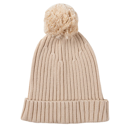 Pom Pom Ribbed Knit Beanie - Shortbread - Child + Adult