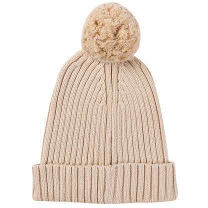 Pom Pom Ribbed Knit Beanie - Shortbread - Child + Adult