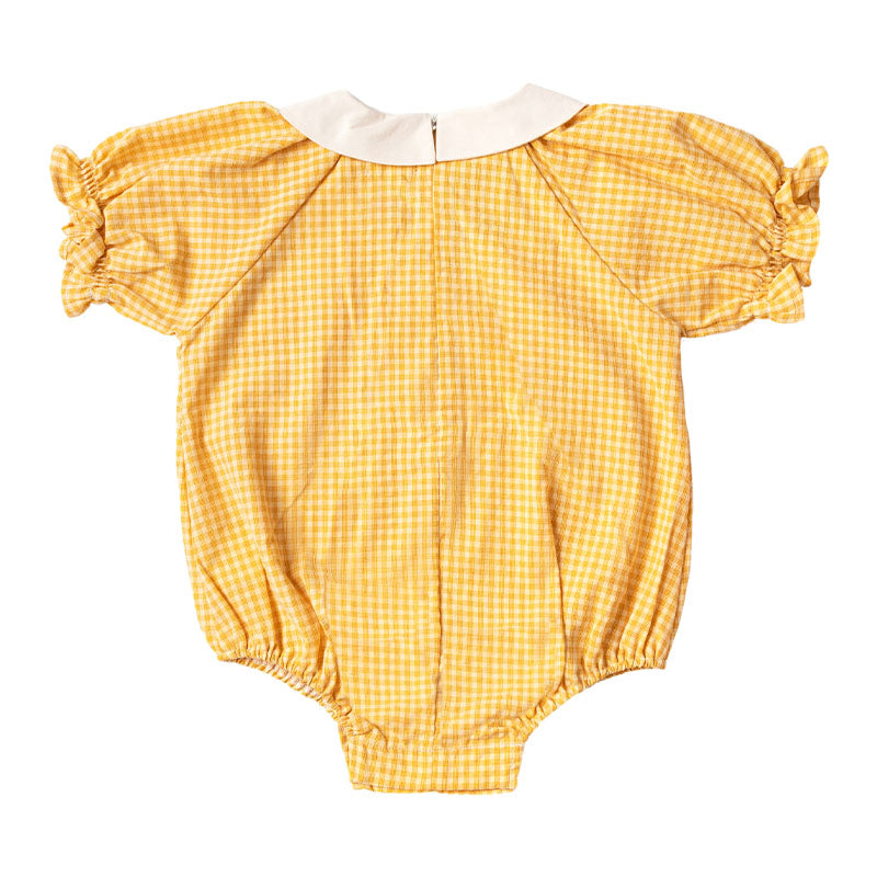 Puff Ruffle Sleeve Cotton Romper with Peter Pan Collar - Baby Mustard Gingham