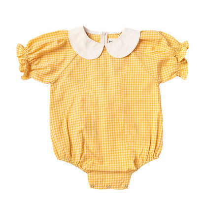 Puff Ruffle Sleeve Cotton Romper with Peter Pan Collar - Baby Mustard Gingham