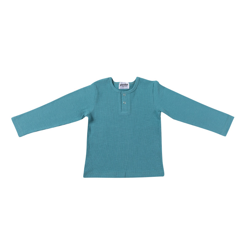 Cotton Rib Henley T Shirt - Turquoise