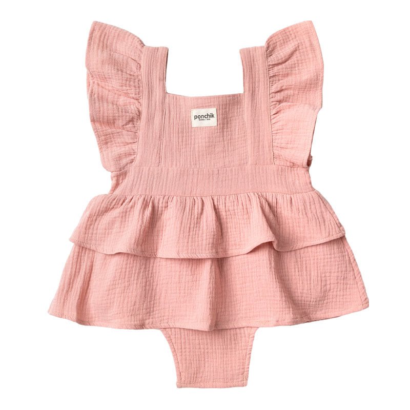 Ruffle Skirt + Shoulder Frill Romper - Dusty Pink Muslin