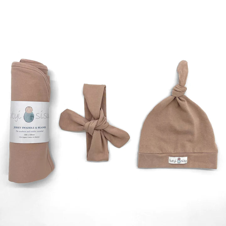 Organic Jersey Swaddle + Beanie or Topknot Set Sand