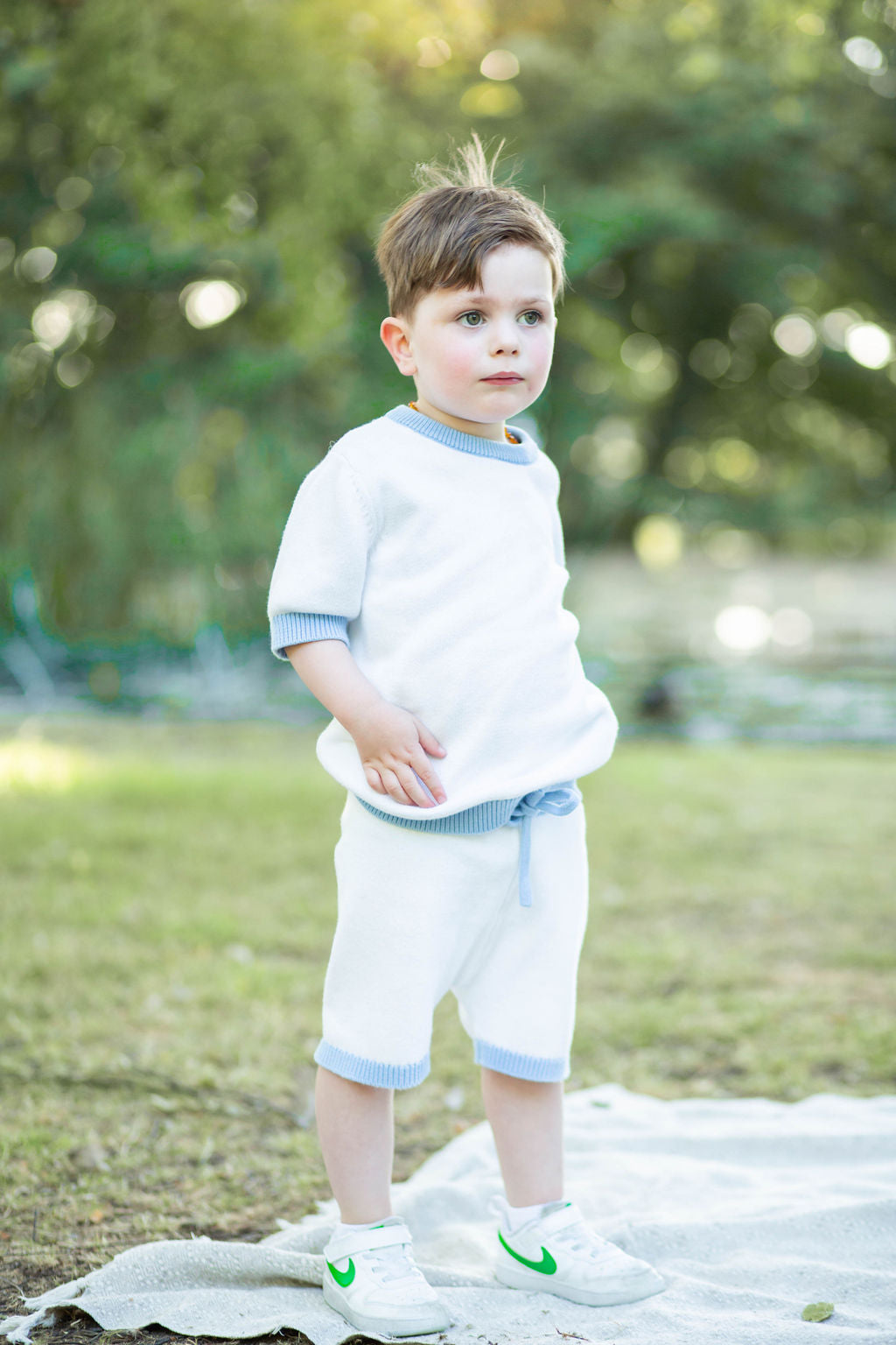 Knit Tshirt with Contrast Rib - White + Baby Blue Trim