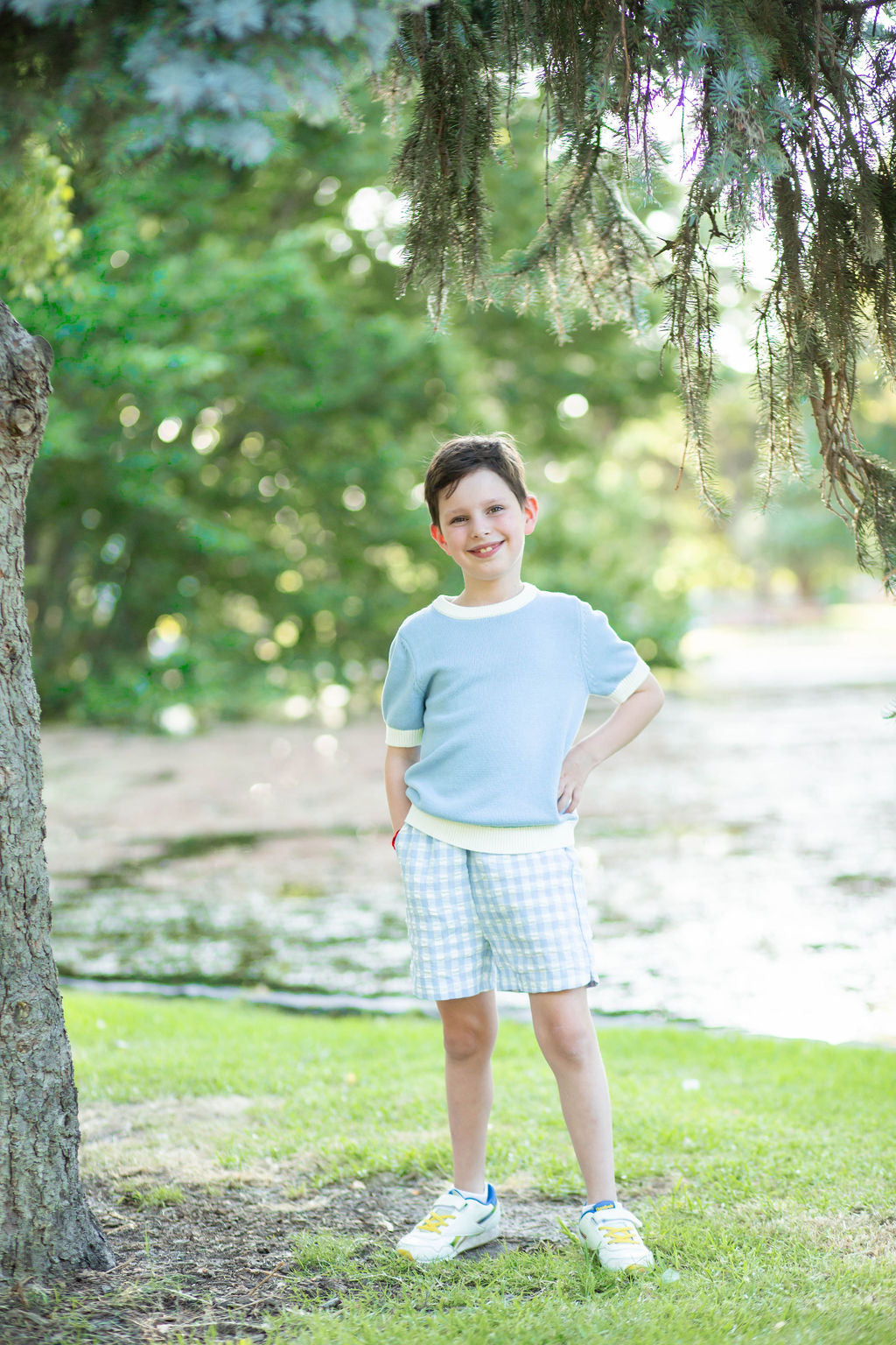 Cotton Shorts with Elastic Waist - Baby Blue Gingham