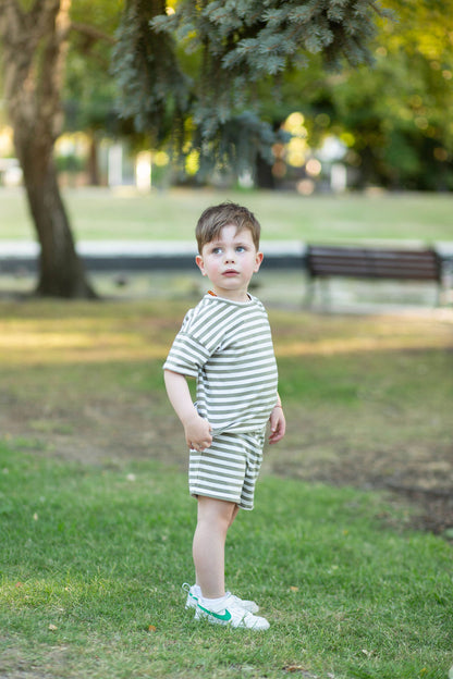 Boxey Cotton Shorts with Elastic Waist + Contrast Drawstring - Seaweed Stripe