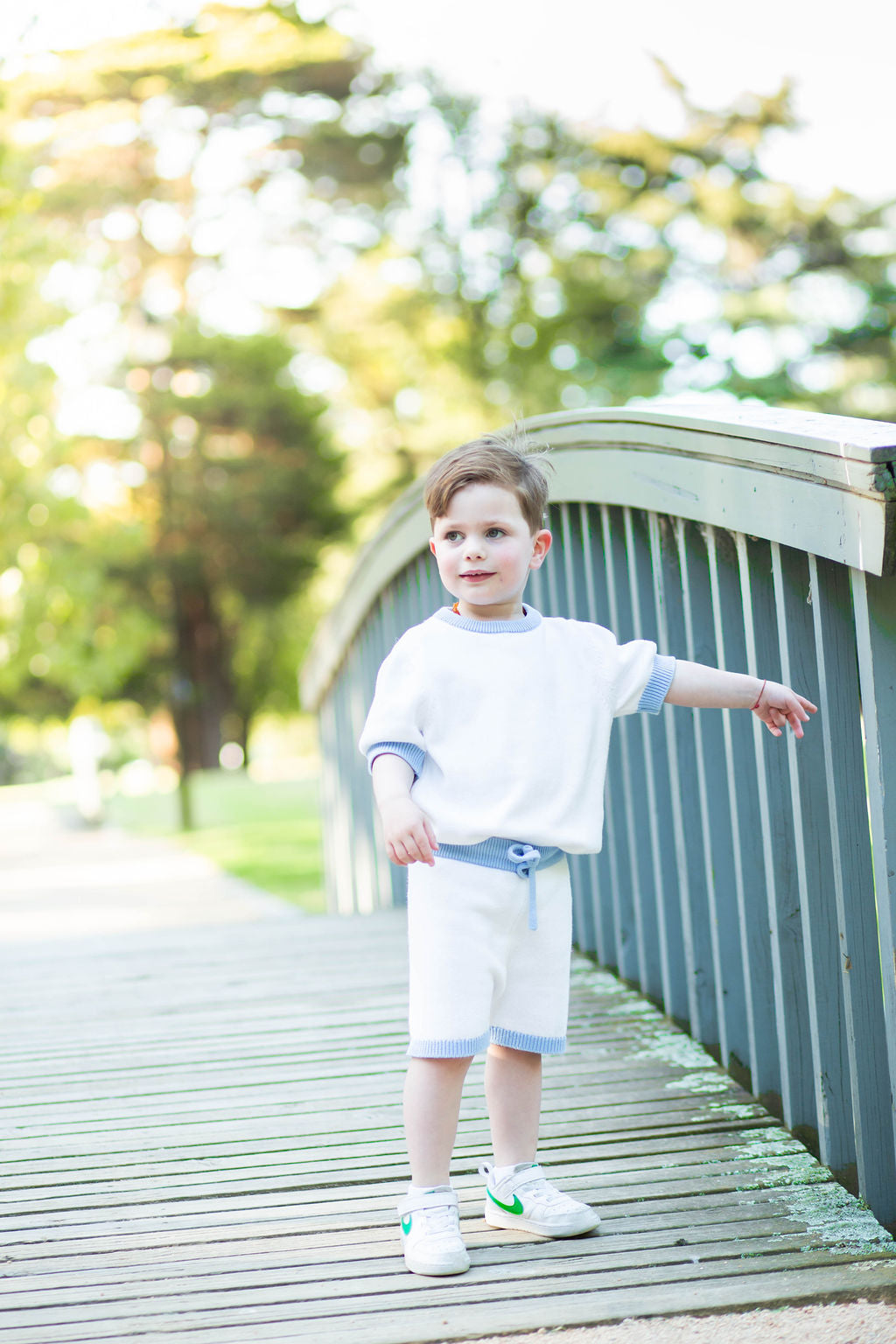 Knit Shorts with Contrast Rib - White + Baby Blue Trim