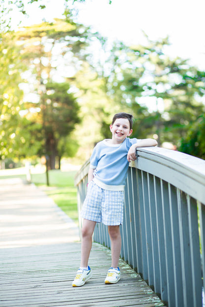 Cotton Shorts with Elastic Waist - Baby Blue Gingham