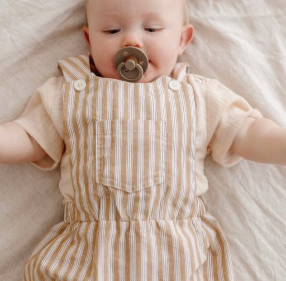 Cotton Pinafore Overalls - Wheat Stripe