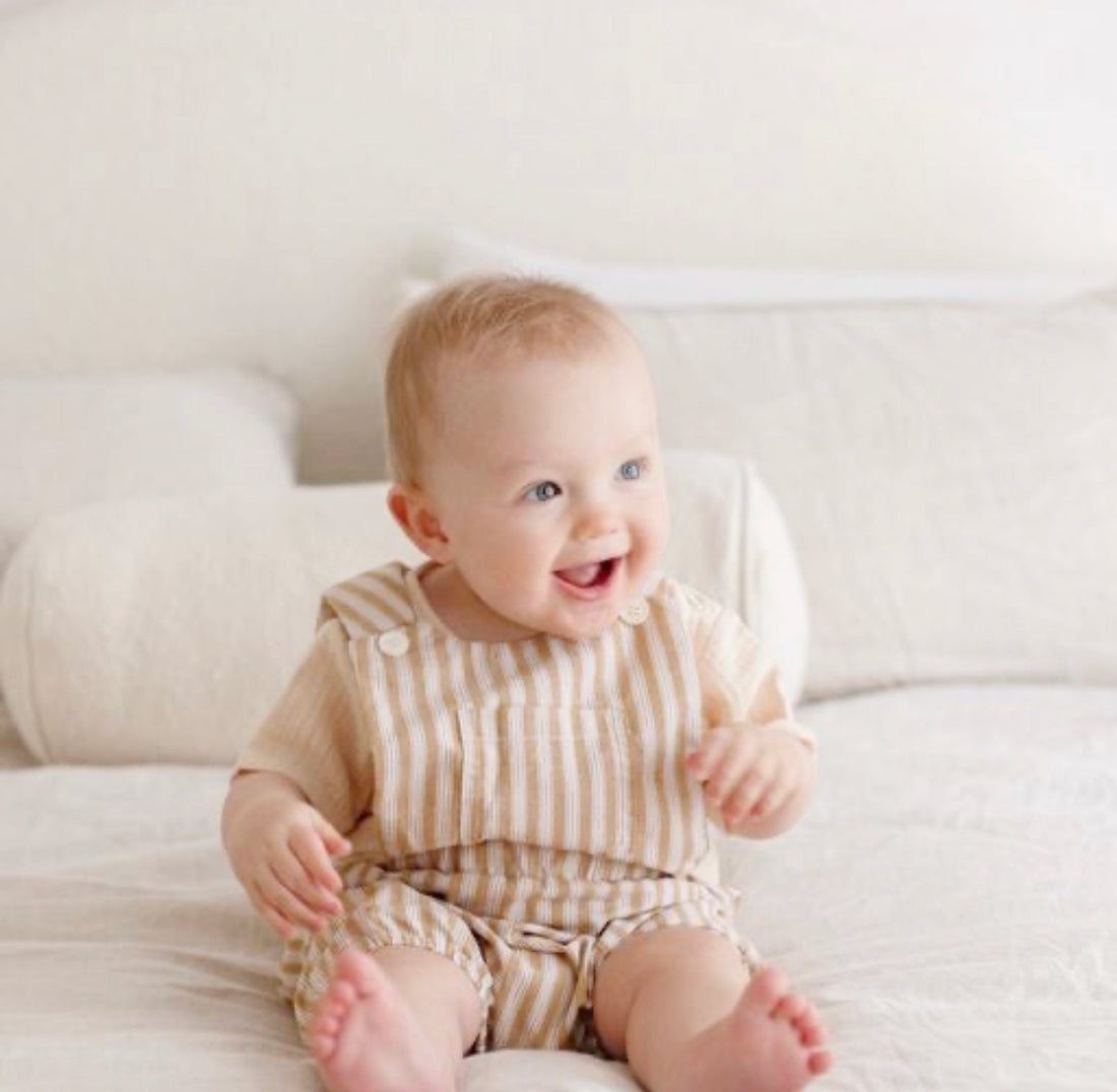 Cotton Pinafore Overalls - Wheat Stripe