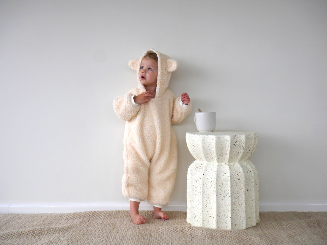 Teddy Bear Fluffy Button Baby Pramsuit - Buttermilk