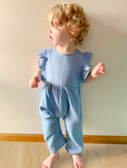 Linen Ruffle Overalls - Ocean