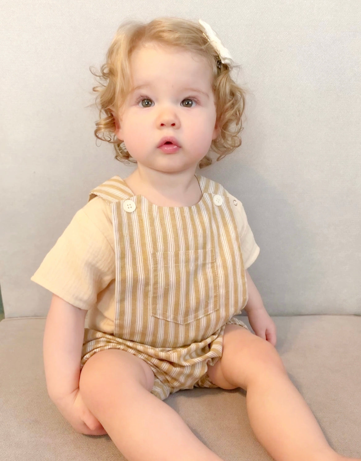 Cotton Pinafore Overalls - Wheat Stripe