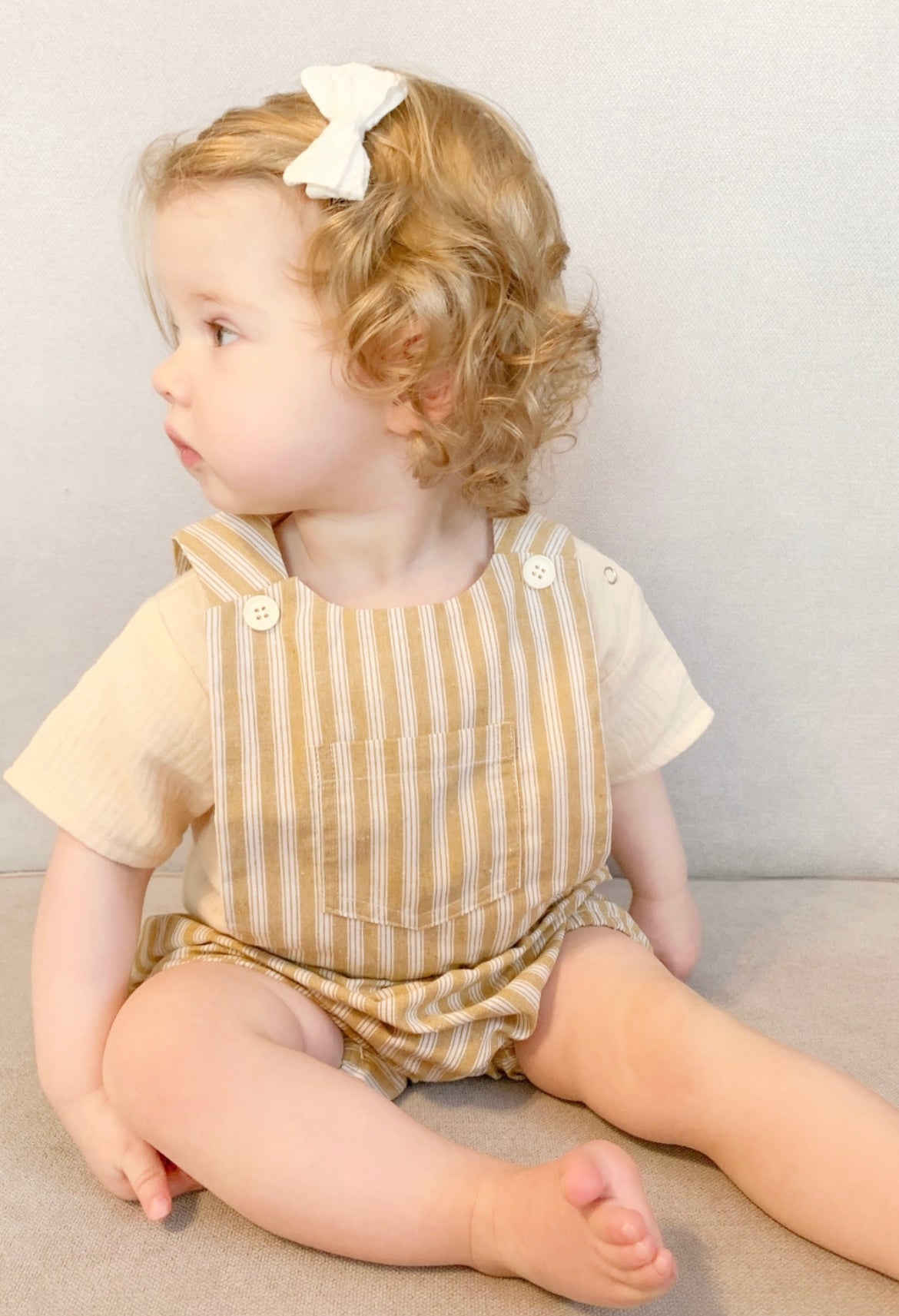 Cotton Pinafore Overalls - Wheat Stripe