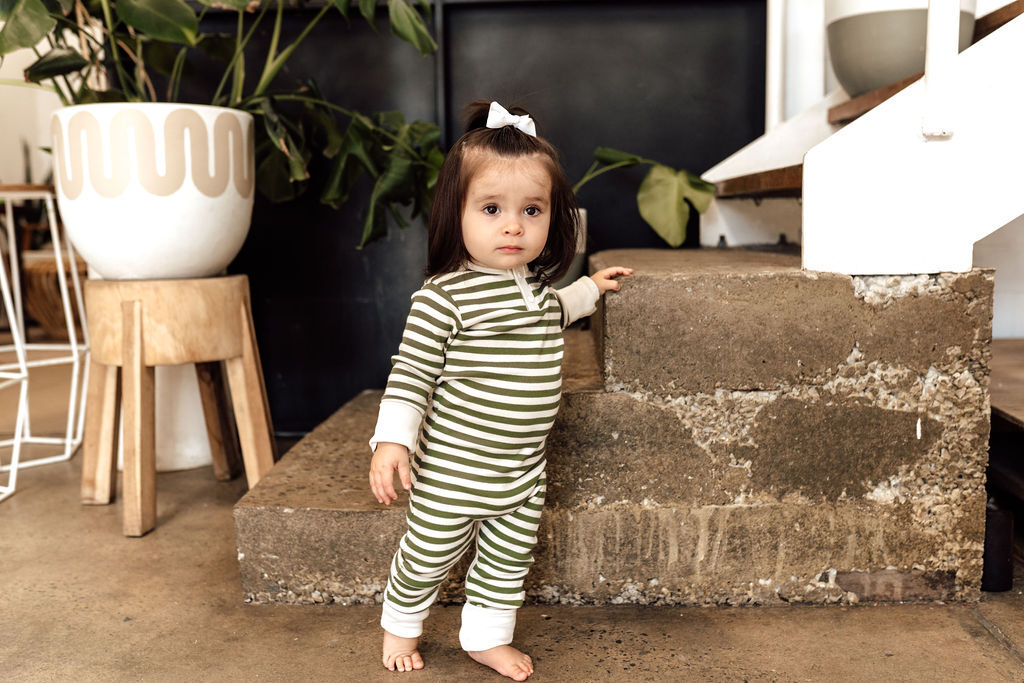 Olive | Organic Stripe Ribbed Growsuit - Size 1 Only