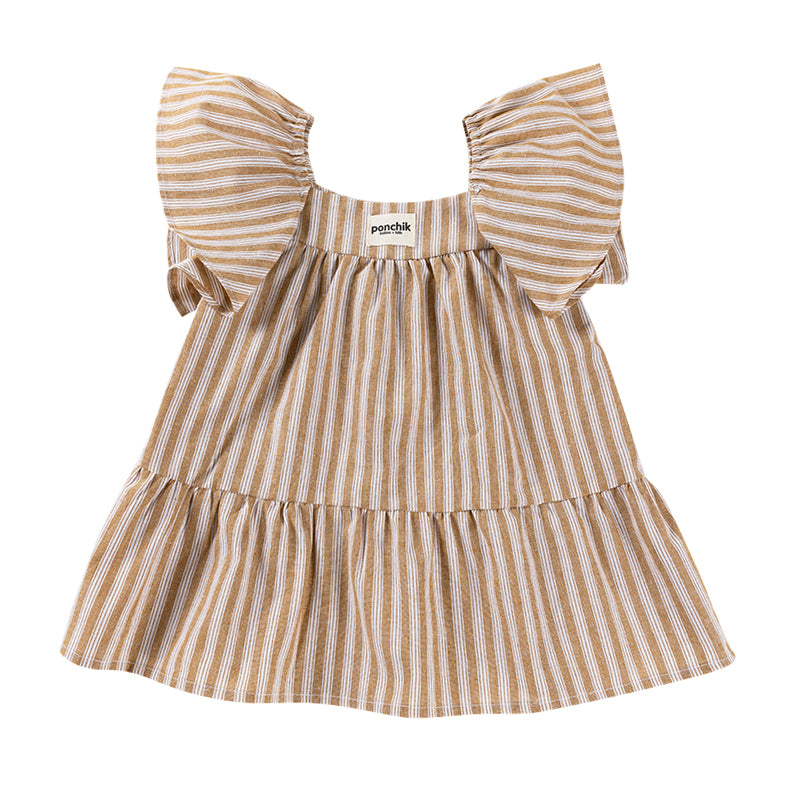 Cotton Frill Sleeve Dress - Wheat Stripe