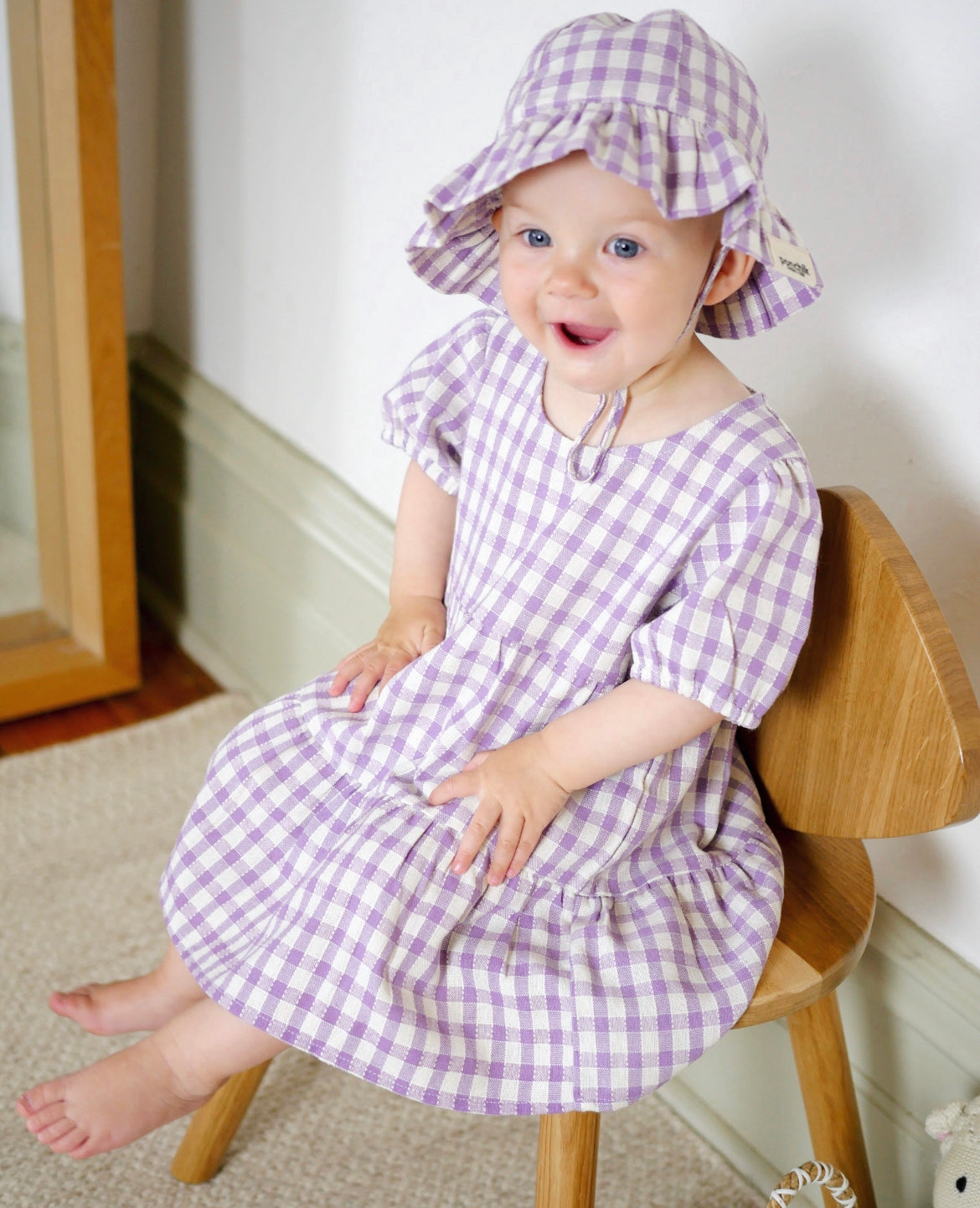 Cotton Puff Sleeve Dress - Lilac Gingham